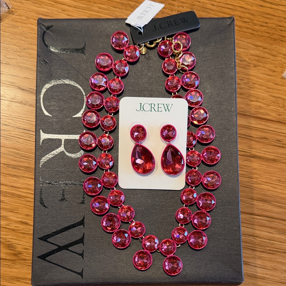 J. Crew Vibrant Pink Double Brûlée Necklace and Earring Set